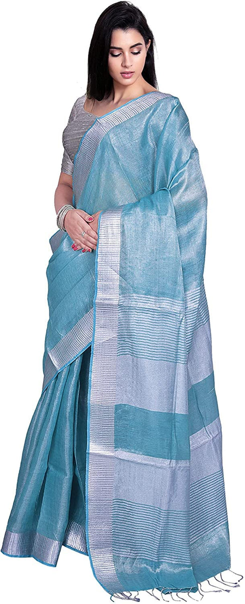 Vasthrlay Attractive Handloom Bhagalpuri Metallic Silver Green