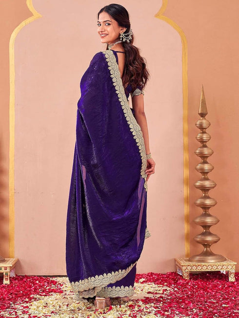 Vasthrlay Sequins Embroidery Unstitched Purple Saree