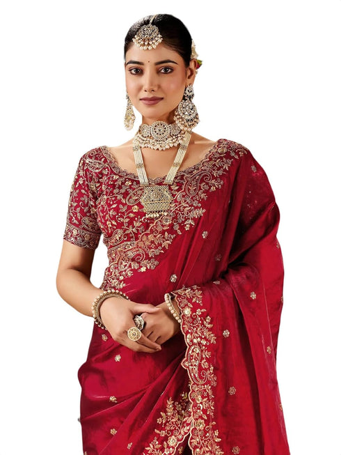 Vasthrlay Scalloped Embroidery Unstitched Rani Pink Saree
