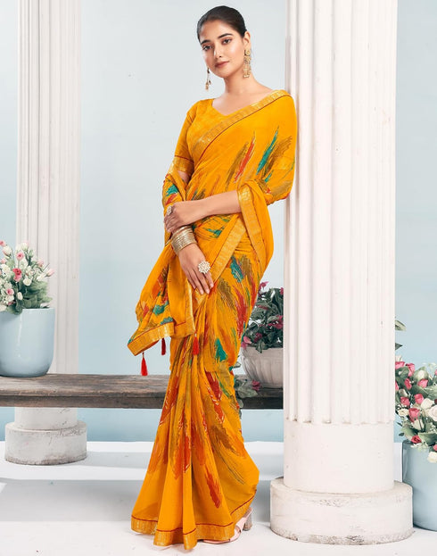 Vasthrlay Chiffon Tassels Unstitched Dark Green Saree