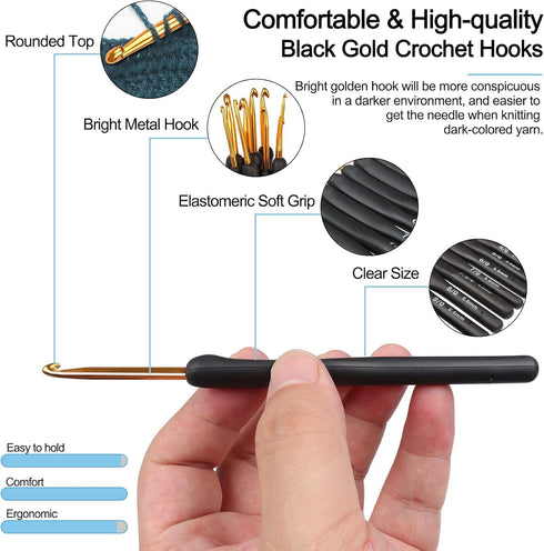 Crochet Set, Complete Crochet Kit for Beginners with 9 Ergonomic Hooks, 6 Soft Yarn Balls