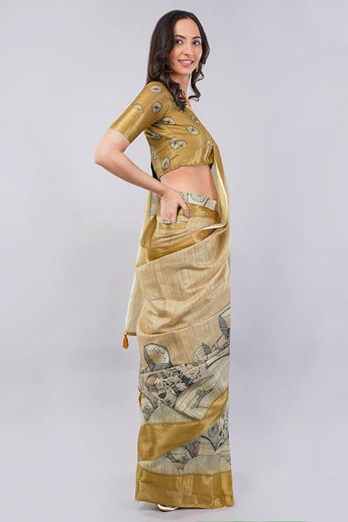 Vasthrlay Golden Striped | Floral | Solid Print Design Linen Saree