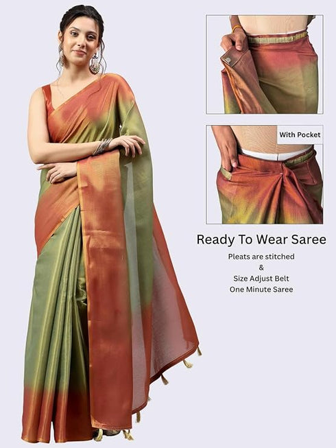 Vasthrlay Green1 Womens Ready To Wear One Minute Polyester Erode Zari Saree