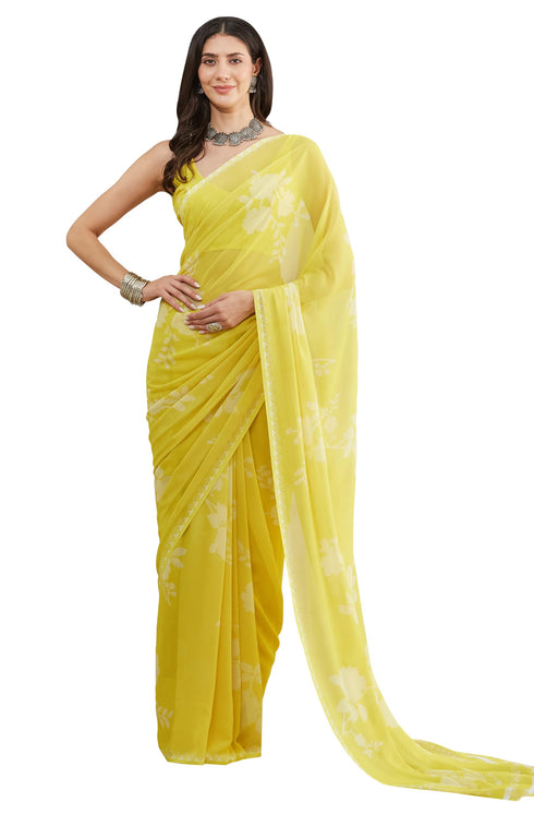 Vasthrlay Yellow Georgette Printed Saree