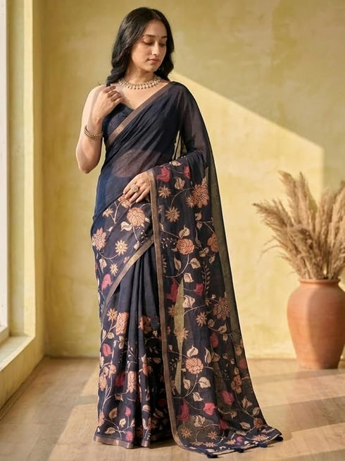 Vasthrlay Black Floral Linen Saree With Solid Black Unstitched Blouse