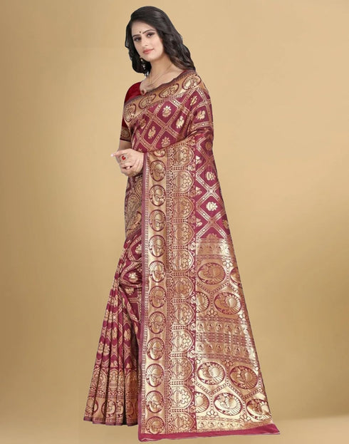 Vasthrlay Banarasi Jacquard Unstitched Red Saree