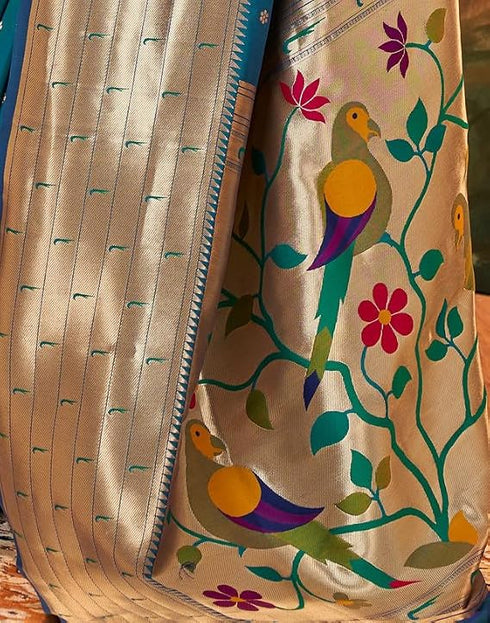 Vasthrlay Paithani Jacquard Light Blue Saree With Unstitched Blouse Piece