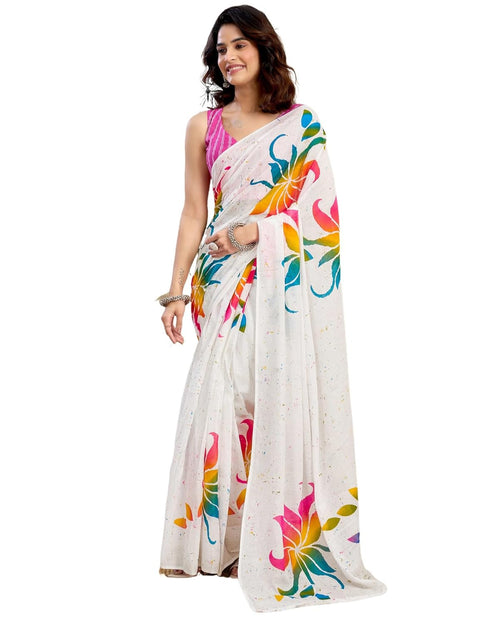 Vasthrlay Womens Printed Unstitched White Saree