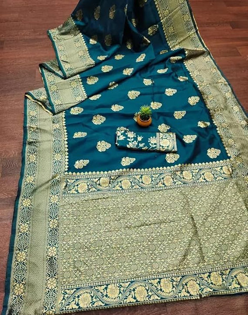 Vasthrlay Kanjivaram Banarasi Wedding Rama Blue Saree With Unstitched Blouse Piece