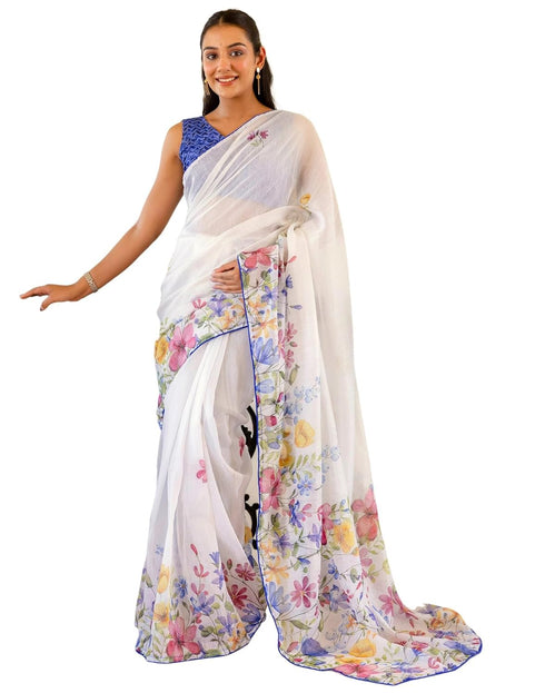 Vasthrlay Womens Printed Unstitched White Saree