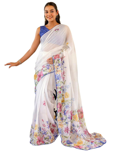 Vasthrlay Womens Printed White And Blue Saree With Unstitched Blouse Piece