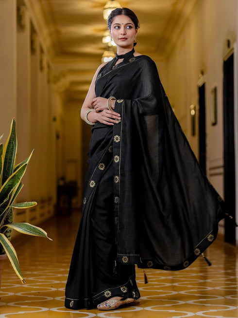 Vasthrlay Womens Blouse Black Saree With Unstitched Blouse Piece