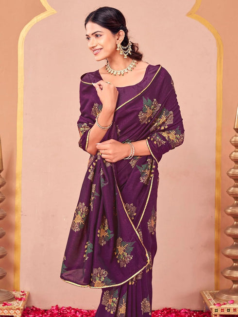 Vasthrlay Vichitra Printed Unstitched Maroon Saree