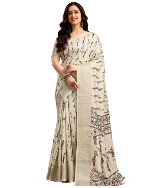 Vasthrlay Womens Printed Off White Saree With Unstitched Blouse Piece