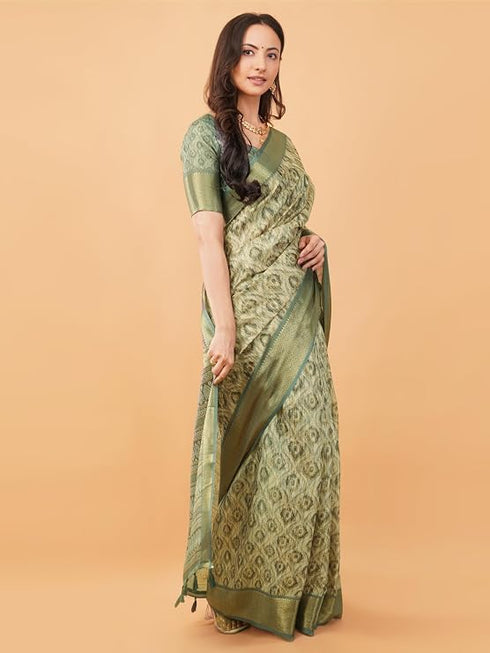 Vasthrlay Slate Grey Abstract Print Polyester Saree With Zari Border And Unstitched Blouse Piece