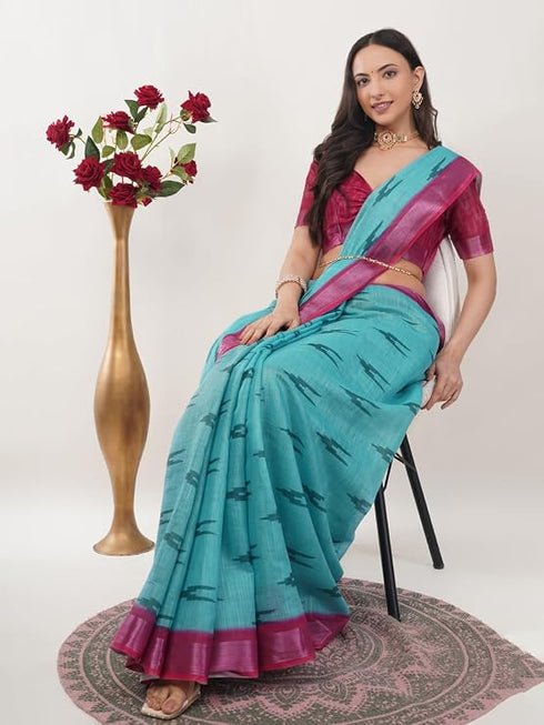 Vasthrlay Blue Paisley Printed Linen Saree With Unstitched Blouse Piece