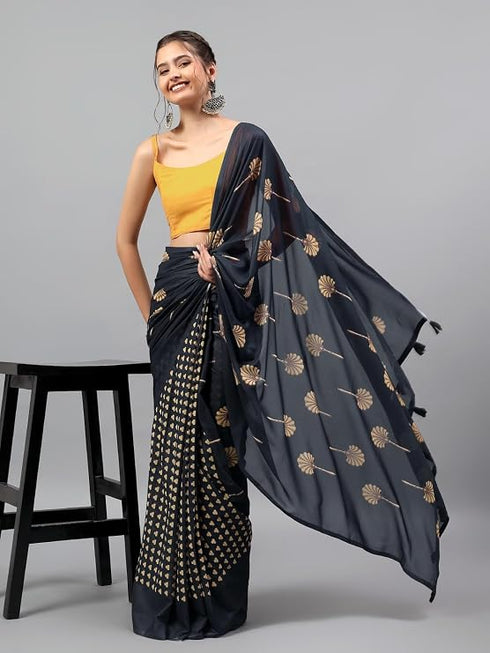 Vasthrlay Midnight Black Faux Georgette Botanical Floral Printed Saree With Unstitched Blouse