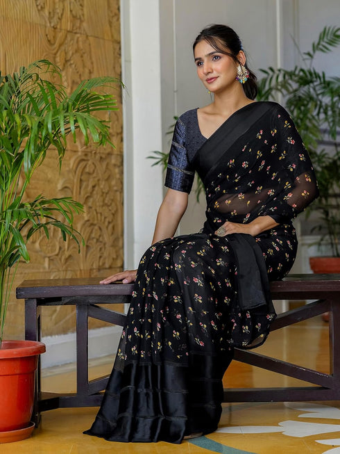 Vasthrlay Georgette Printed Unstitched Dark Green Saree