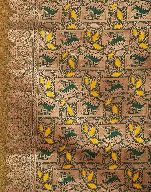 Vasthrlay Jacquard Kanjivaram Turmeric Saree With Dark Green Unstitched Blouse Piece