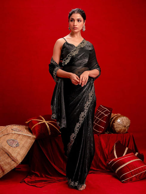 Vasthrlay Shimmer Scalloped Unstitched Maroon Saree