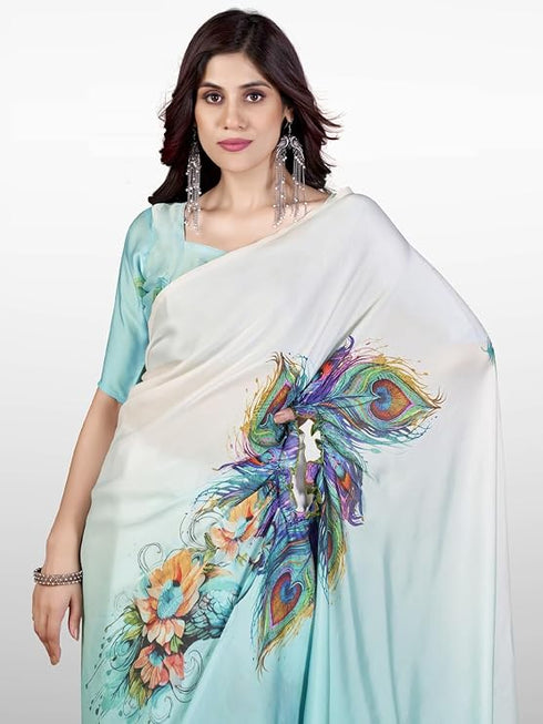 Vasthrlay Printed Kaftan Freehand Light Blue Women's Satin Saree With Unstitched Blouse Piece