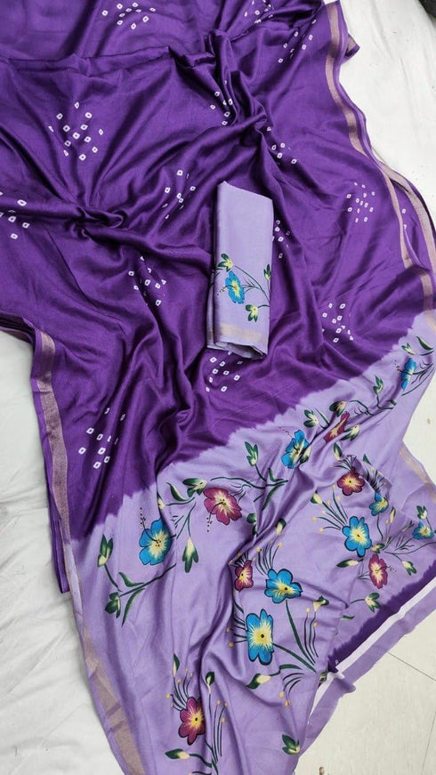 Vasthrlay Mulmul Linen Cotton Saree | Purple And Lavender Printed Pallu Zari Border