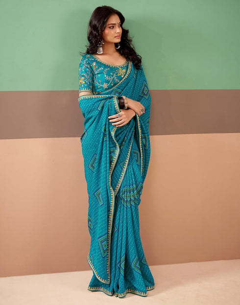Vasthrlay Georgette Embroidery Unstitched Dark Green Saree