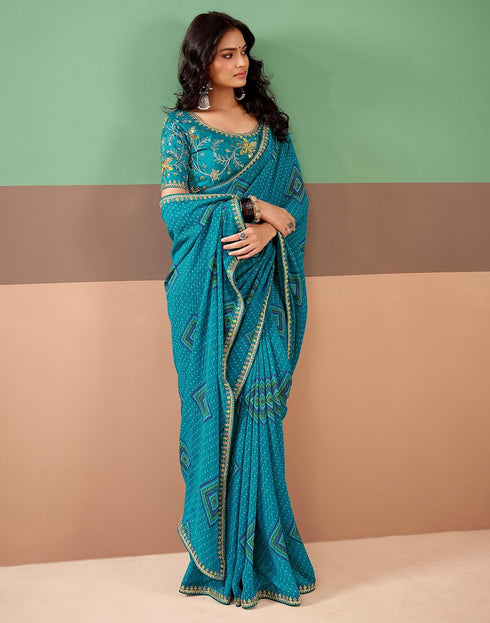 Vasthrlay Georgette Embroidery Teal Blue2 Saree With Unstitched Blouse Piece