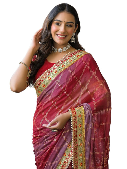 Vasthrlay Bandhani Embroidery Yellow Saree