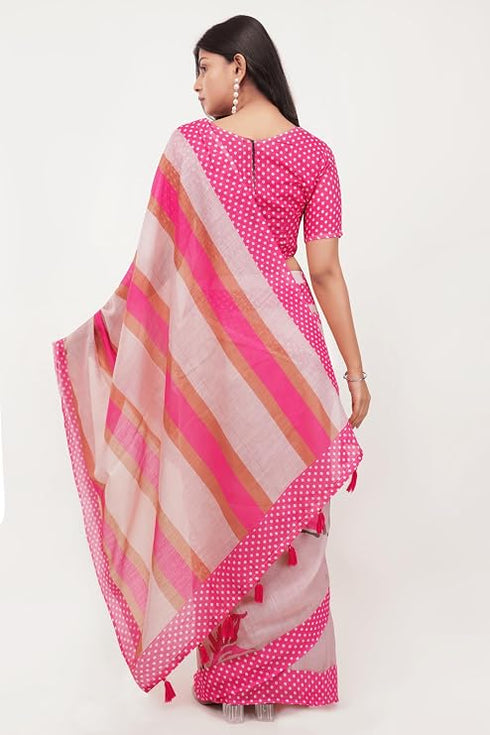 Vasthrlay Pink Paisley Printed Linen Saree With Unstitched Blouse Piece