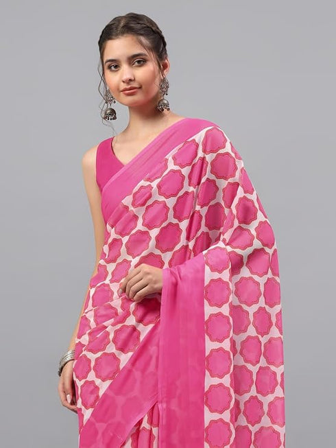 Vasthrlay Pink Floral Printed Georgette Saree With White Solid Georgette Unstitched Blouse