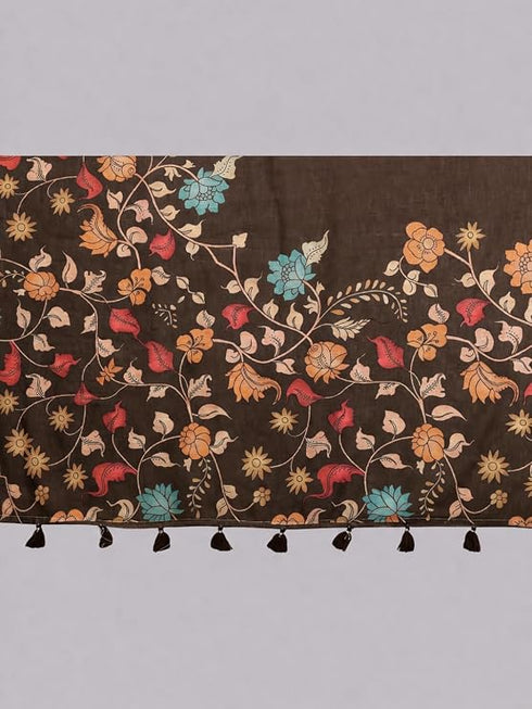 Vasthrlay Brown Floral Linen Saree With Solid Black Unstitched Blouse