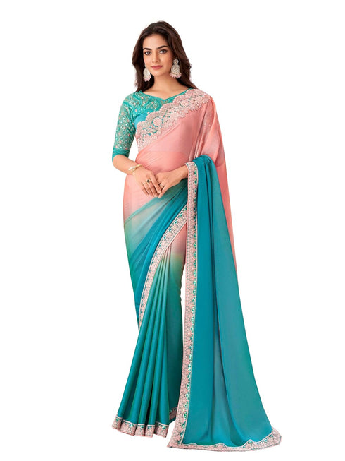 Vasthrlay Chiffon Embroidery Unstitched Turquoise Ethnic Wear