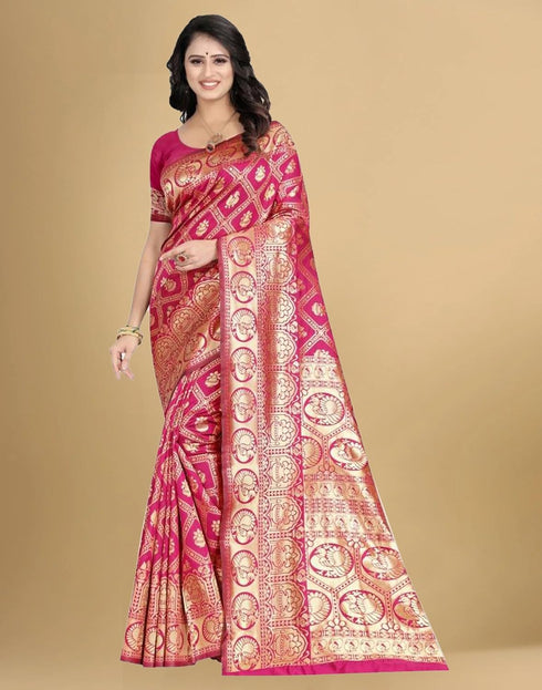 Vasthrlay Banarasi Jacquard Rani Pink | Golden Saree With Unstitched Blouse Piece