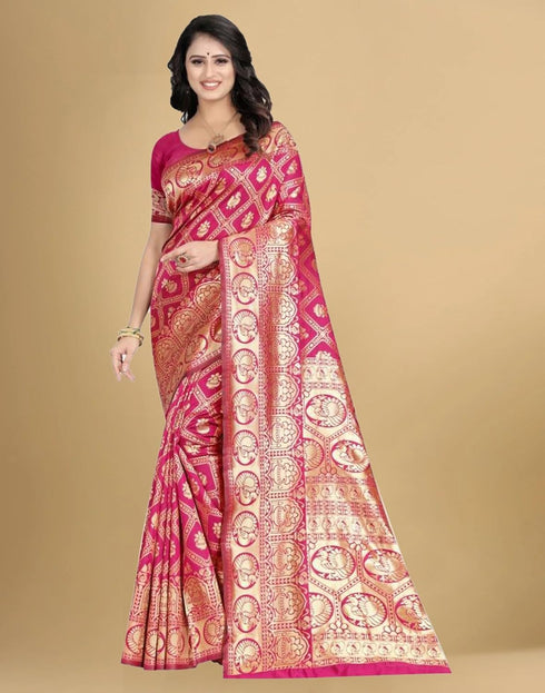 Vasthrlay Banarasi Jacquard Unstitched Yellow Saree