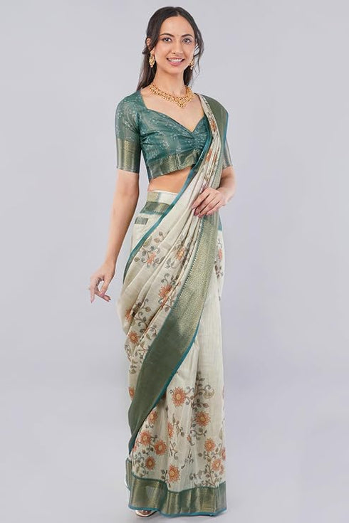 Vasthrlay Off White Striped | Floral | Solid Print Design Linen Saree