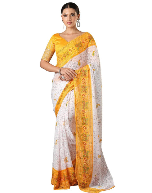 Vasthrlay Georgette Bandhani Unstitched White Saree