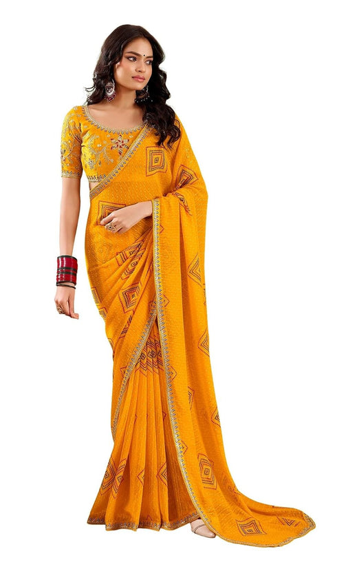 Vasthrlay Georgette Embroidery Yellow Saree With Unstitched Blouse Piece