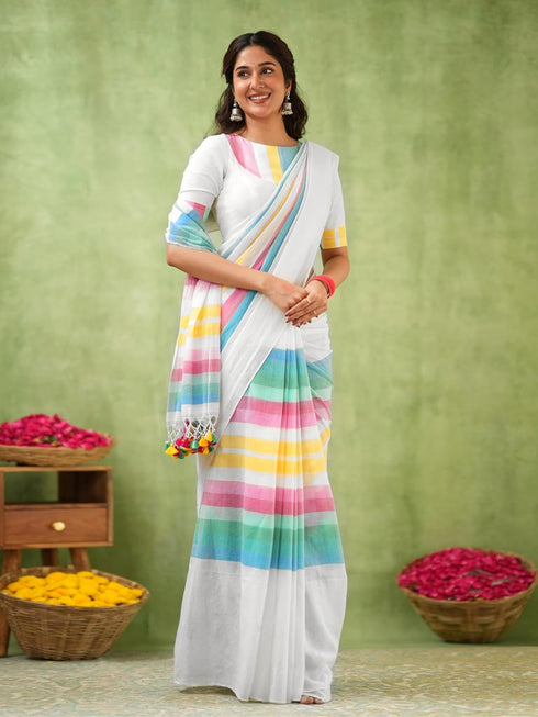 Vasthrlay Handloom Unstitched White Ethnic Wear