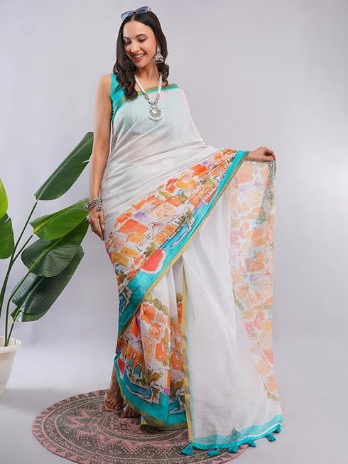 Vasthrlay Off White Chevron Printed Linen Saree With Unstitched Blouse