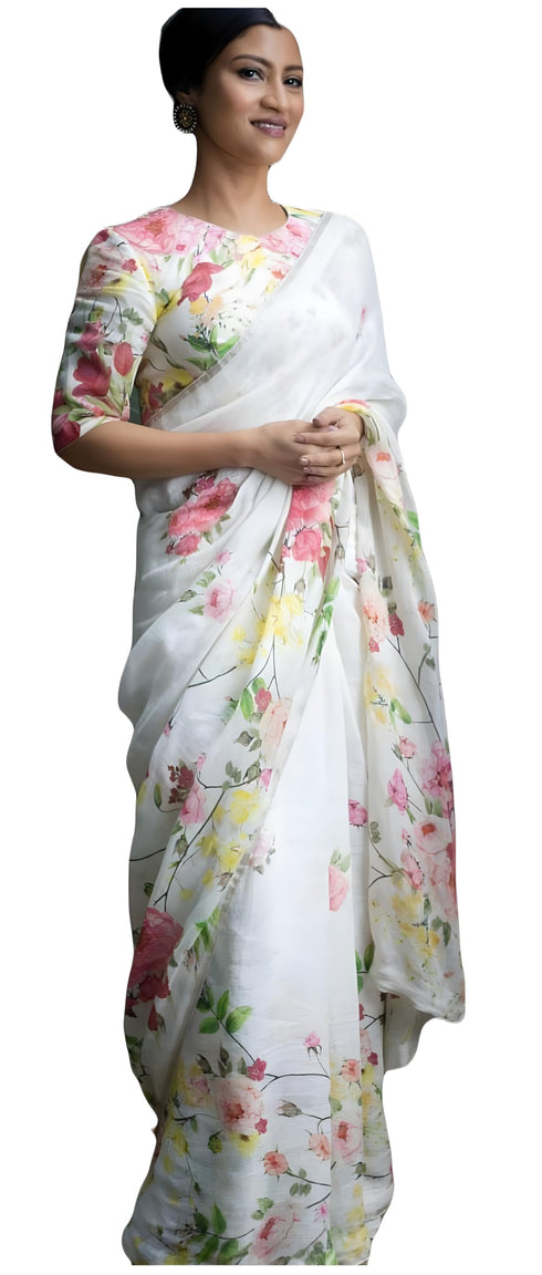 Vasthrlay White Printed Unstitched Saree