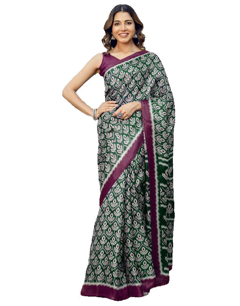 Vasthrlay Womens Printed Green And Purple And Beige Saree With Unstitched Blouse Piece