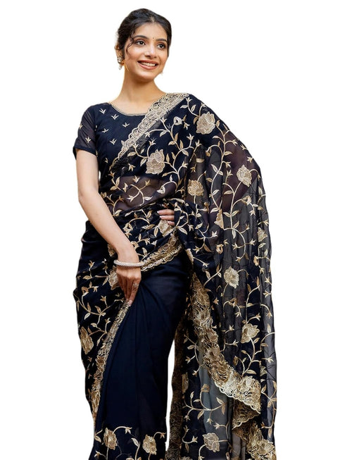 Vasthrlay Georgette Embroidery Unstitched Dark Green Saree