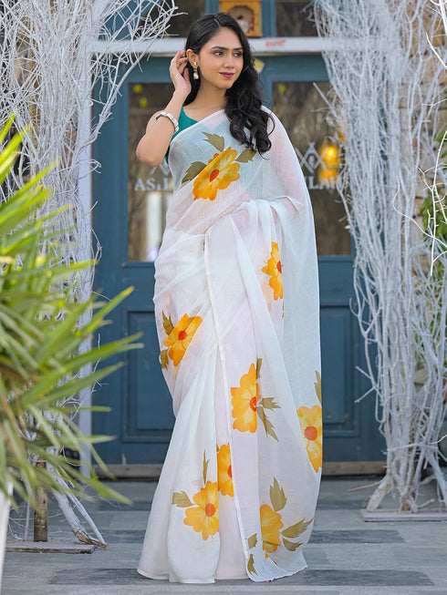 Vasthrlay Printed White Saree