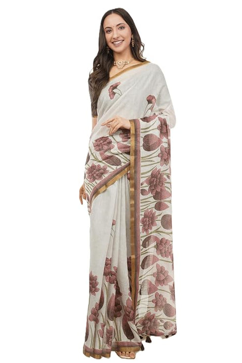 Vasthrlay Off White Rose Botanical Printed Linen Saree With Self Woven Border And Unstitched Blouse Piece
