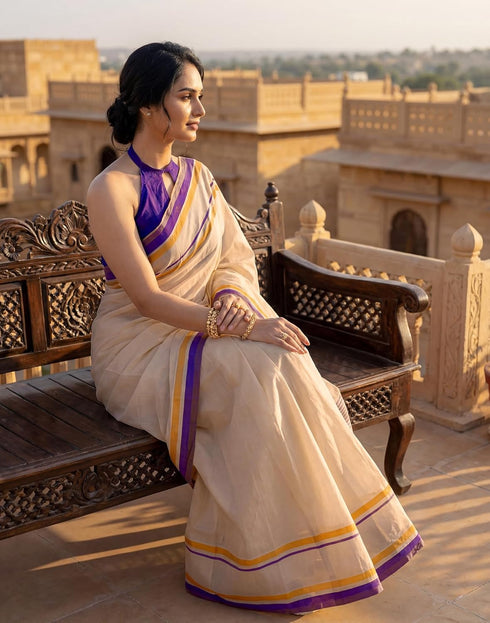 Vasthrlay Womens Printed Unstitched Off White Saree