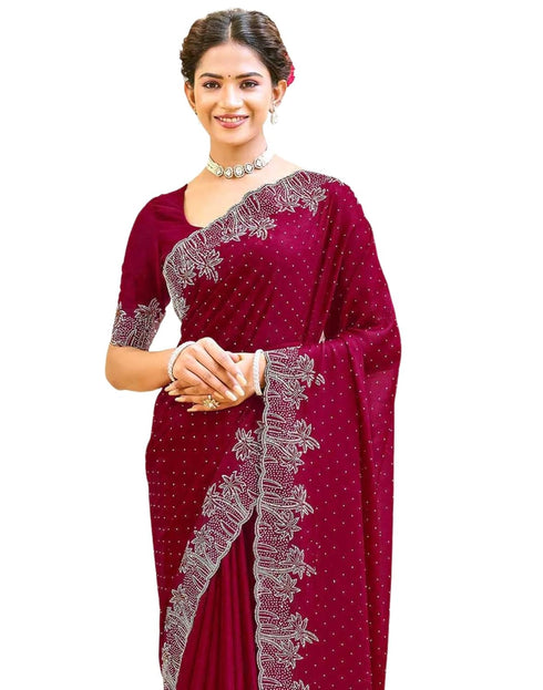 Vasthrlay Womens Scalloped Unstitched Maroon Saree