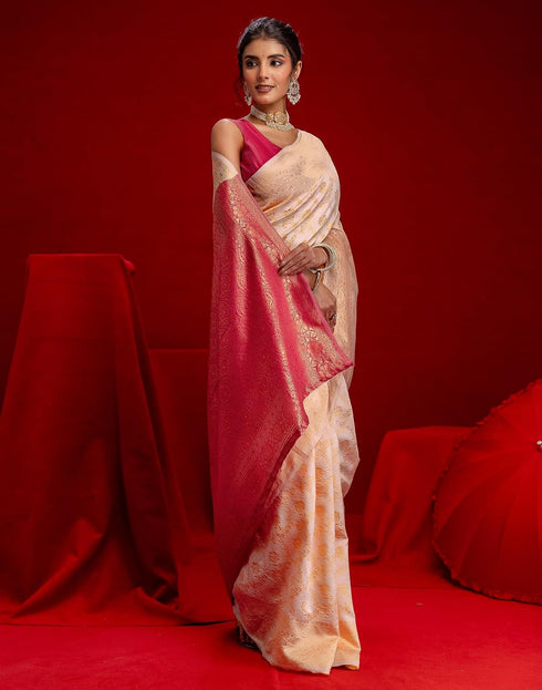 Vasthrlay Womens Weaving Cream | Gold Saree With Pink Unstitched Blouse Piece
