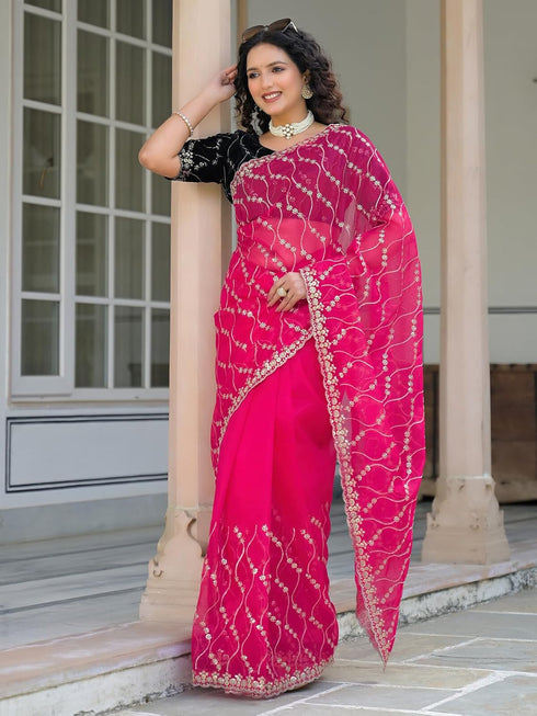 Vasthrlay Sequins Embroidery Turquoise Saree