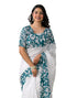 Vasthrlay Womens Printed White | Teal Green Saree With Unstitched Blouse Piece